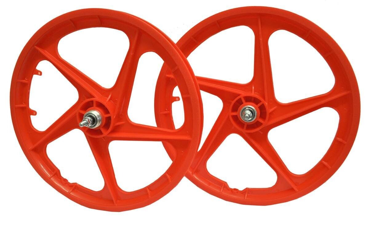 PAIR 20&quot; BMX Mag Wheels RED Aero 5 Spoke Retro Freestyle Front &amp; Rear BMX Bike Wheelset