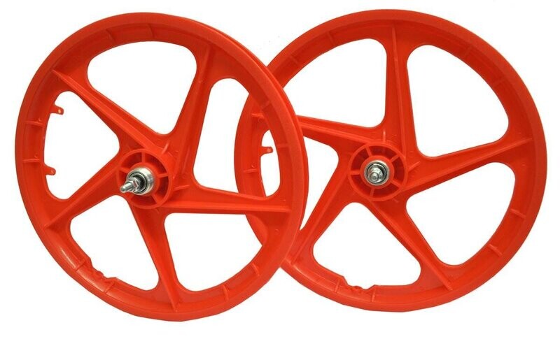PAIR 20" BMX Mag Wheels RED Aero 5 Spoke Retro Freestyle Front & Rear BMX Bike Wheelset