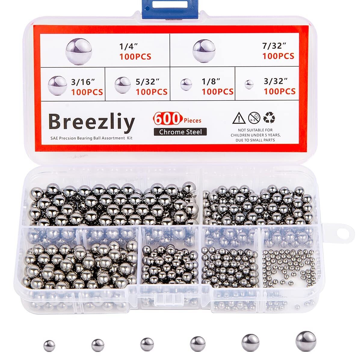 Breezliy 600 Piece 6 Sizes Assorted Loose Bicycle Bearing Balls 1/4&quot; 7/32&quot; 3/16&quot; 5/32&quot; 1/8&quot; and 3/32&quot;