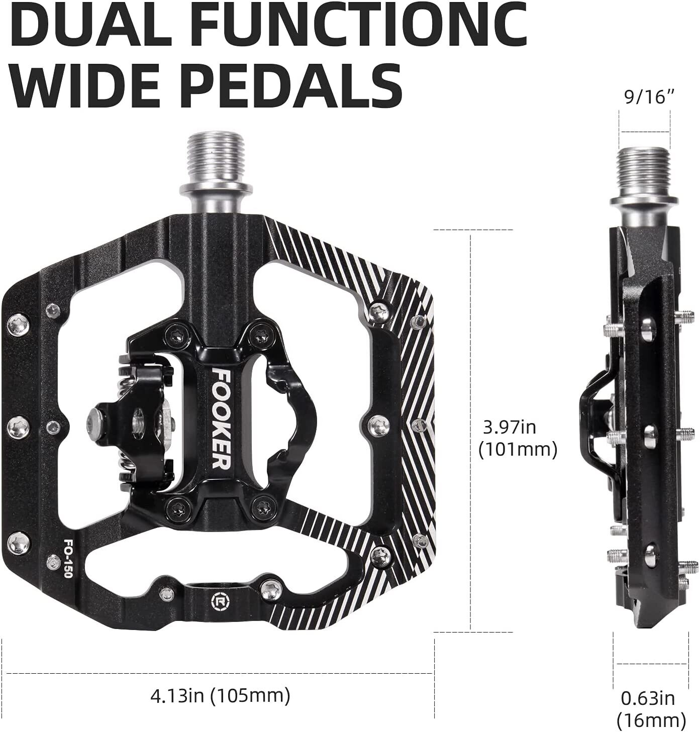 MTB Mountain Bike Pedals 3 Bearing Flat Platform Compatible with SPD Dual Function Sealed Clipless Aluminum 9/16" Pedals with Cleats