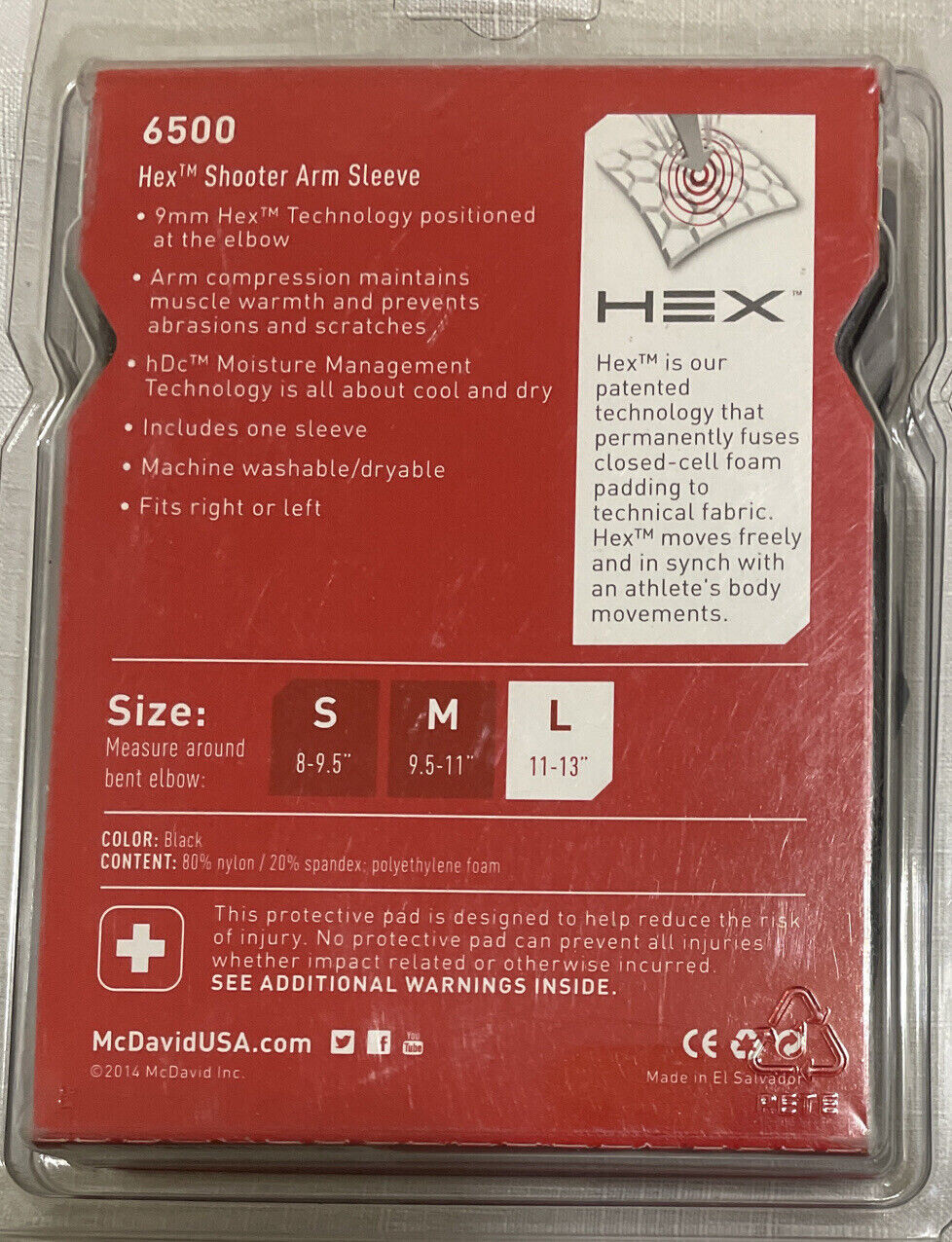 MCDAVID 6500 HEX Protective Pads Shooter Arm Sleeve Single BLACK Large L
