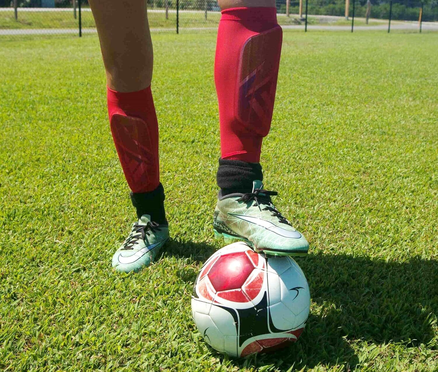 Cross Bones Sports Shin Guard Sleeves for Soccer 1-Pair Pack Red
