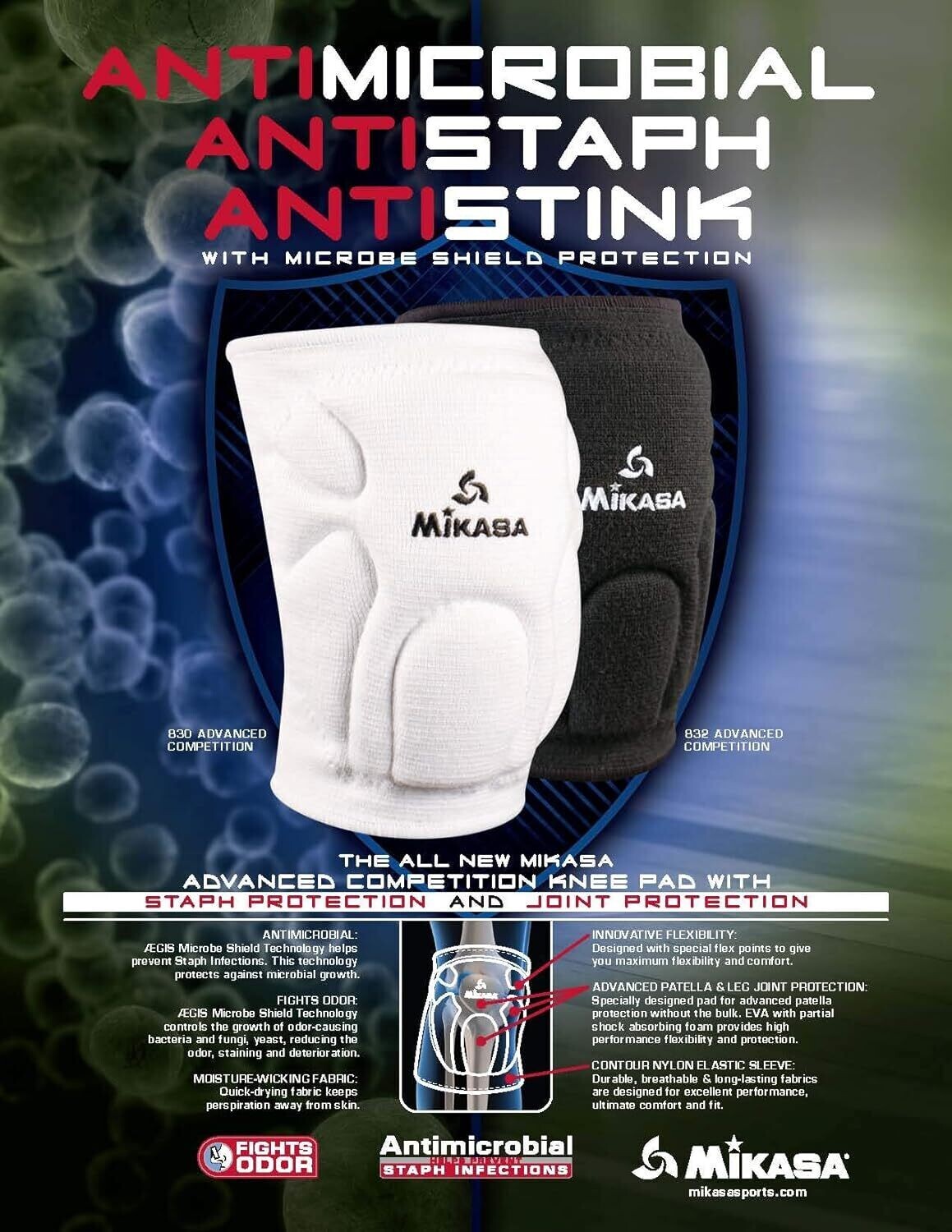 Mikasa 830SR Competition Antimicrobial, White Adult Volleyball Knee Pad