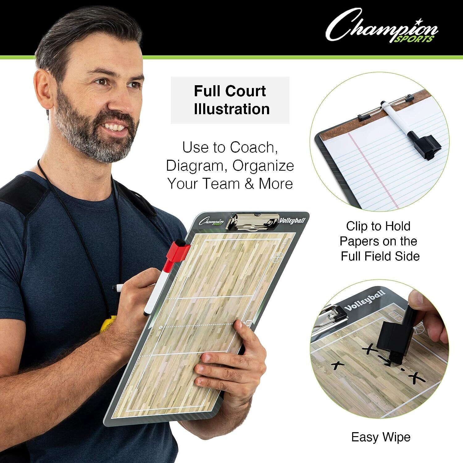 Champion Volleyball Sports Dry Erase Board For Coaching - Whiteboards for Strategizing, Techniques, Plays - 2-Sided Boards with Front Side Full Field - Backside Half Field and Lineup