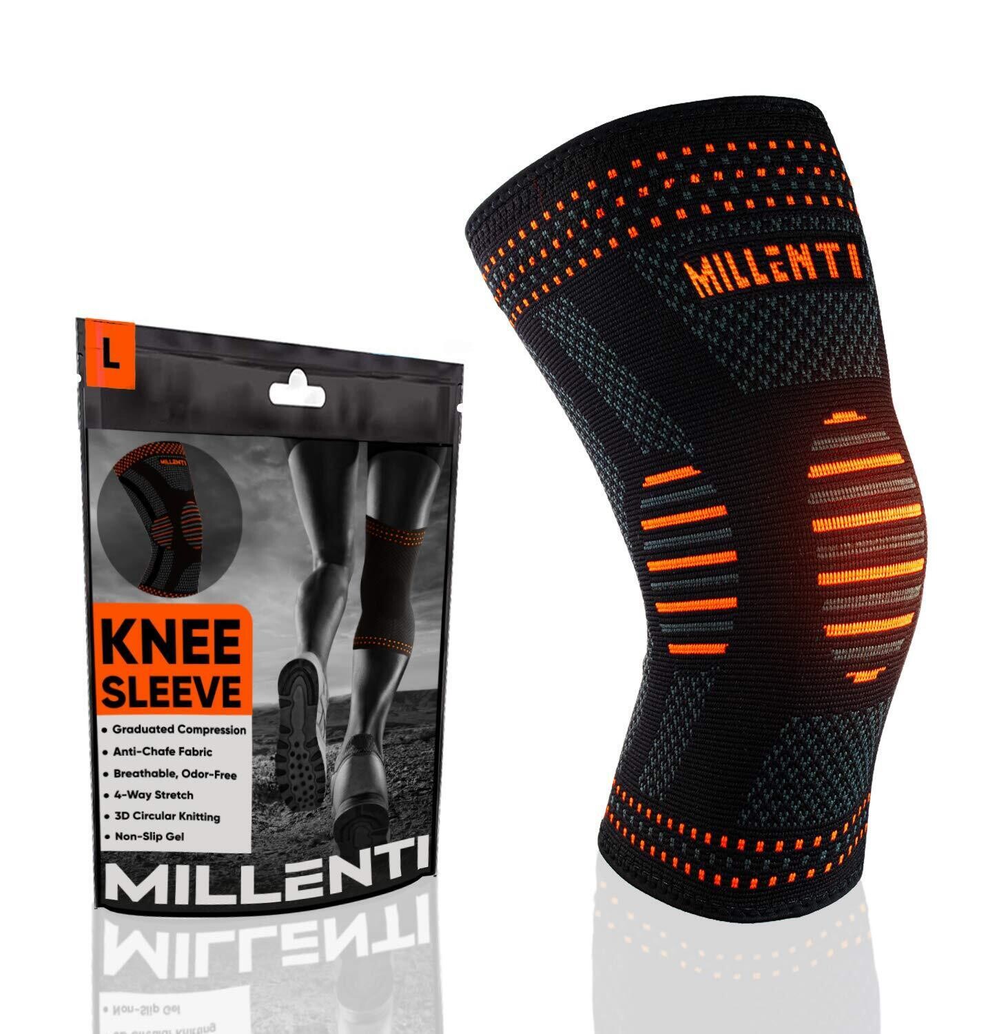 Knee Compression Sleeve Brace - For Knee Pain Running, Arthritis, ACL, Basketball, Football, Gym, Crossfit, Men Women Sport Injury Recovery, (Single) Black Orange, See Chart Size S-M-L-XL-