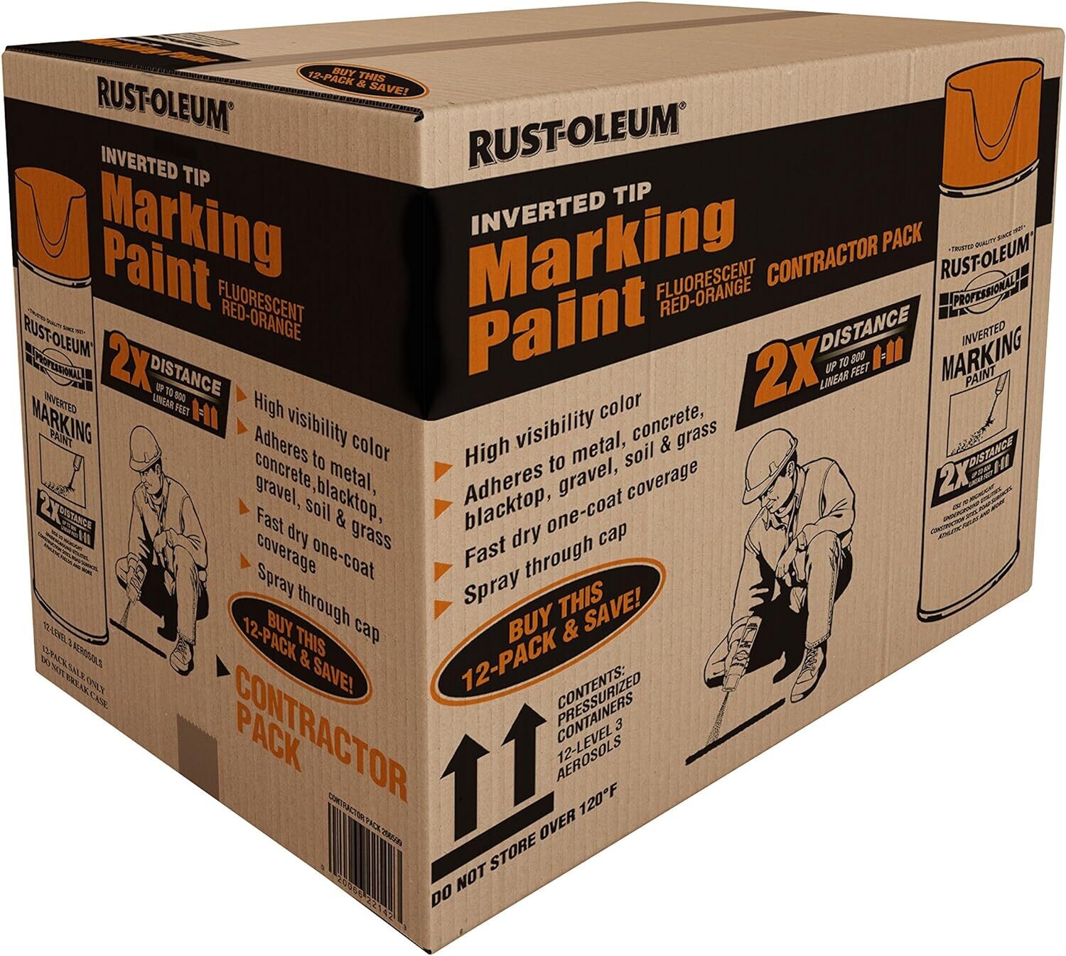 Rust-Oleum Professional Field Spray Paint, 15 oz, Fluorescent Red-Orange, Contractor 12 Pack