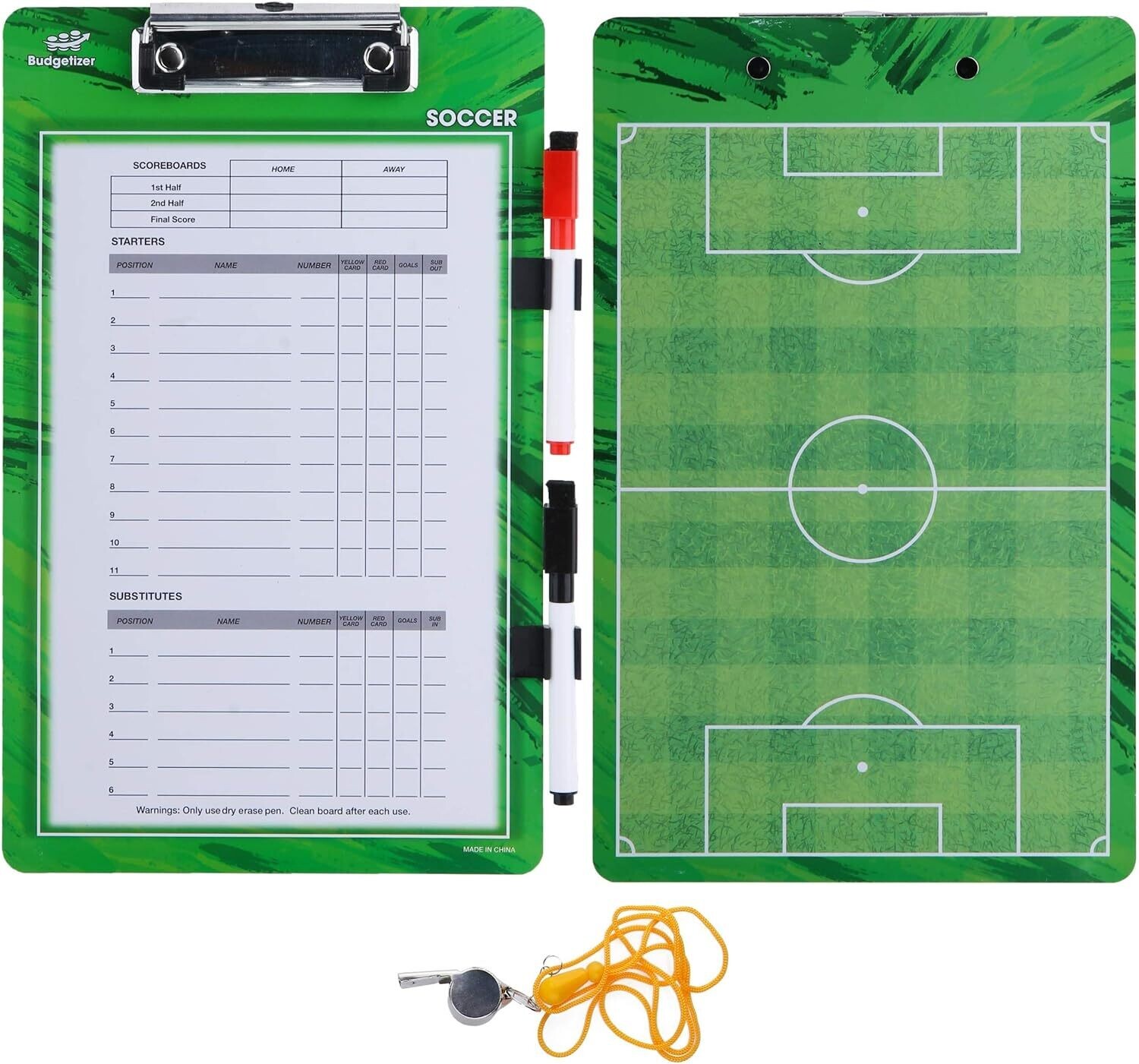 Dry Erase Clipboard - Includes Whistle and Dry Erase Markers - Double Sided
