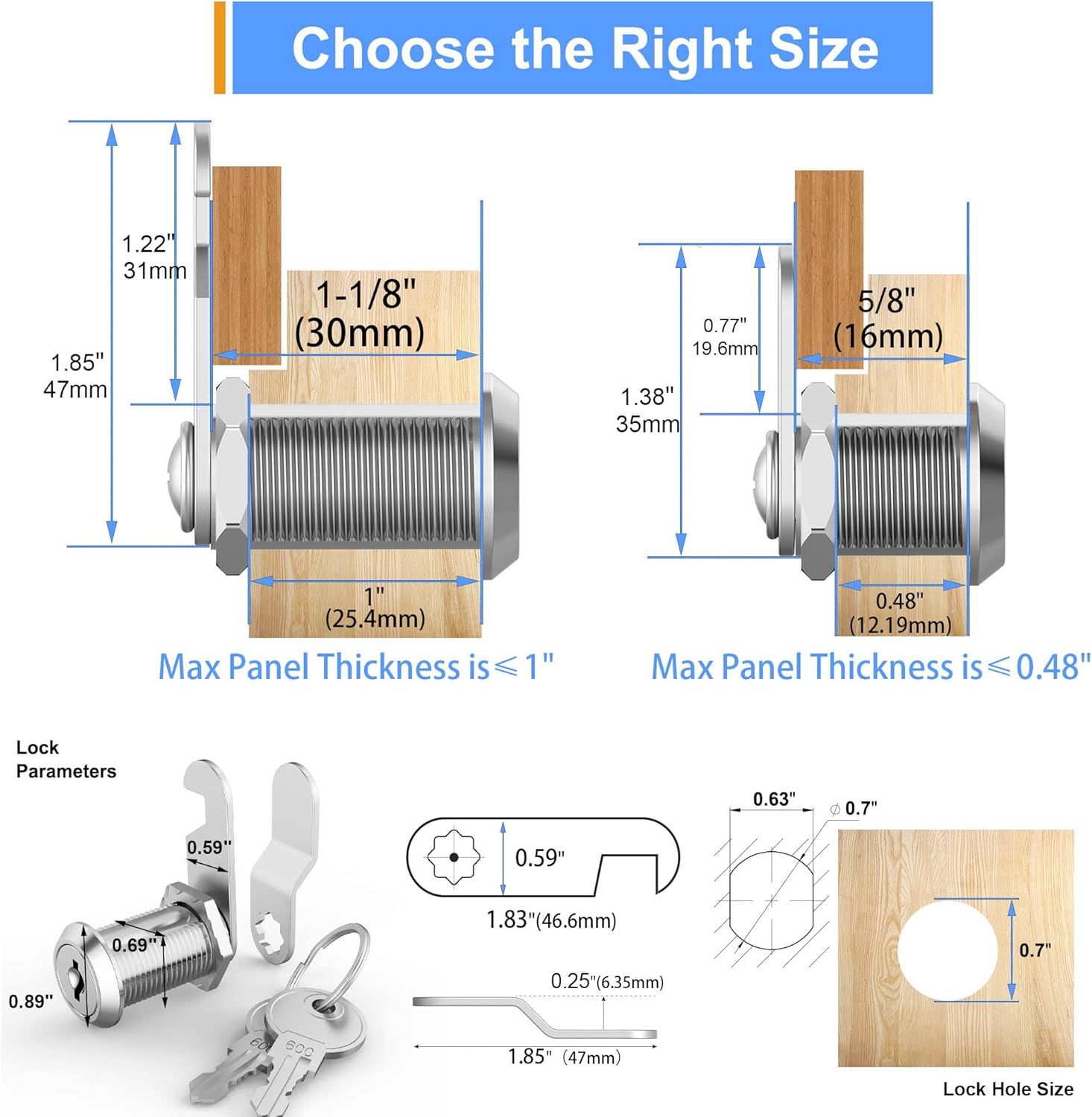 Pool Table Lock with 1-1/8" x 30mm Cylinder-Chrome Finish
