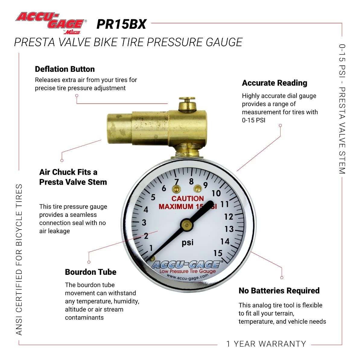 Meiser Presta-Valve Dial Gauge with Pressure Relief: 15psi 25221