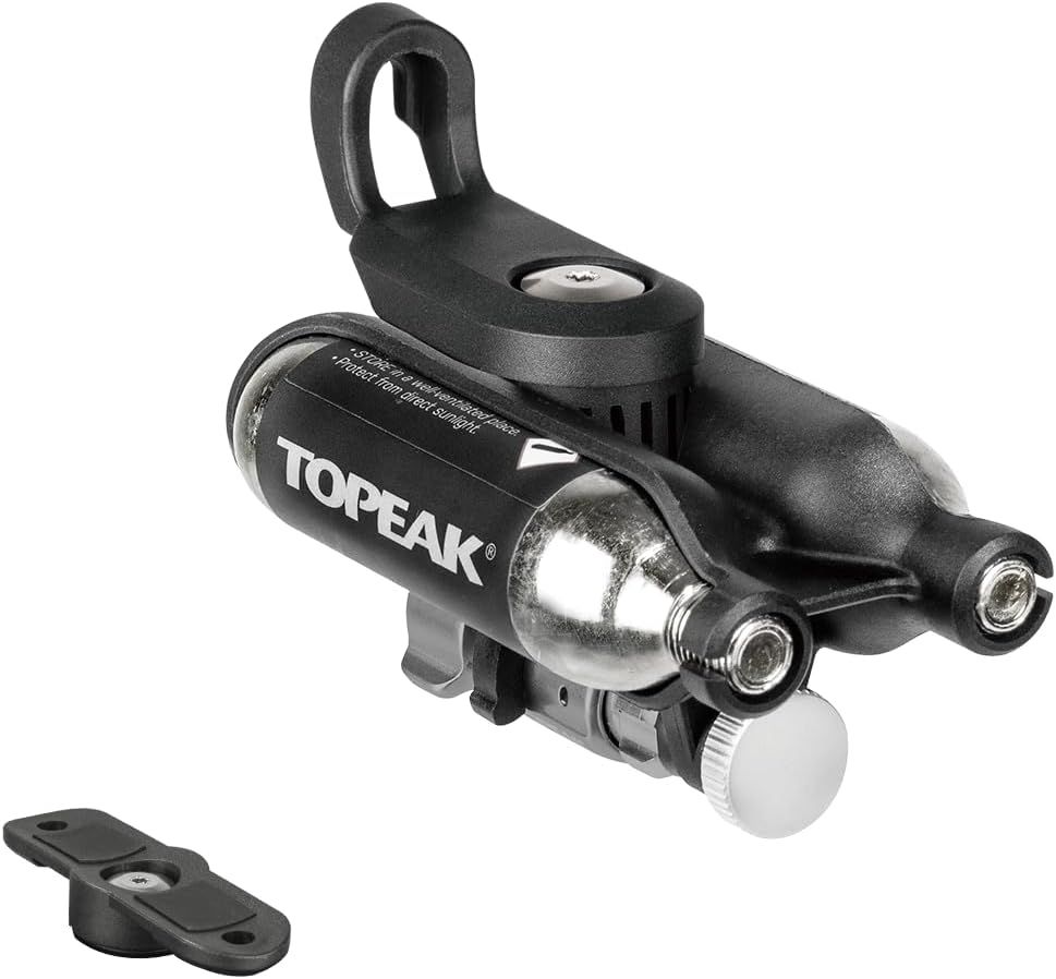 Topeak Ninja Master+ CO2 FuelPack, Interchangeable Cage and Frame Mount, Includes Inflator and 2 Threaded 16 Grams CO2 Cartridges, Compatible with Presta and Schrader Valves