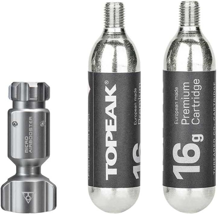 Topeak Ninja Master+ CO2 FuelPack, Interchangeable Cage and Frame Mount, Includes Inflator and 2 Threaded 16 Grams CO2 Cartridges, Compatible with Presta and Schrader Valves