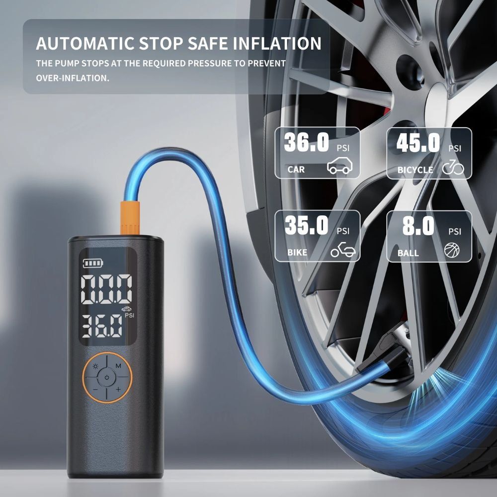 Portable Car Tire Inflator with 4500mAh Power Bank – 5 Modes, Digital Display, and Flashlight (Black)