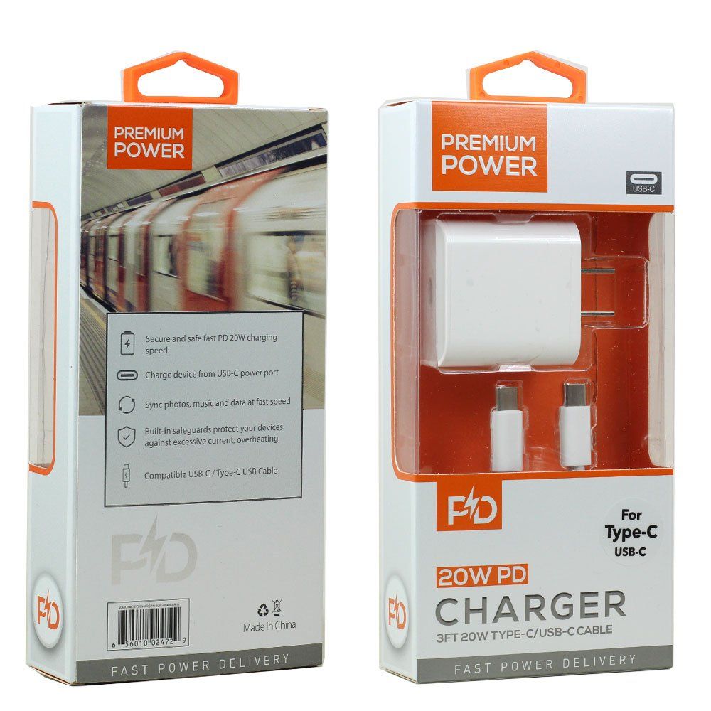 Power Delivery Charger with 3FT USB-C to USB-C Cable (Wall - White)