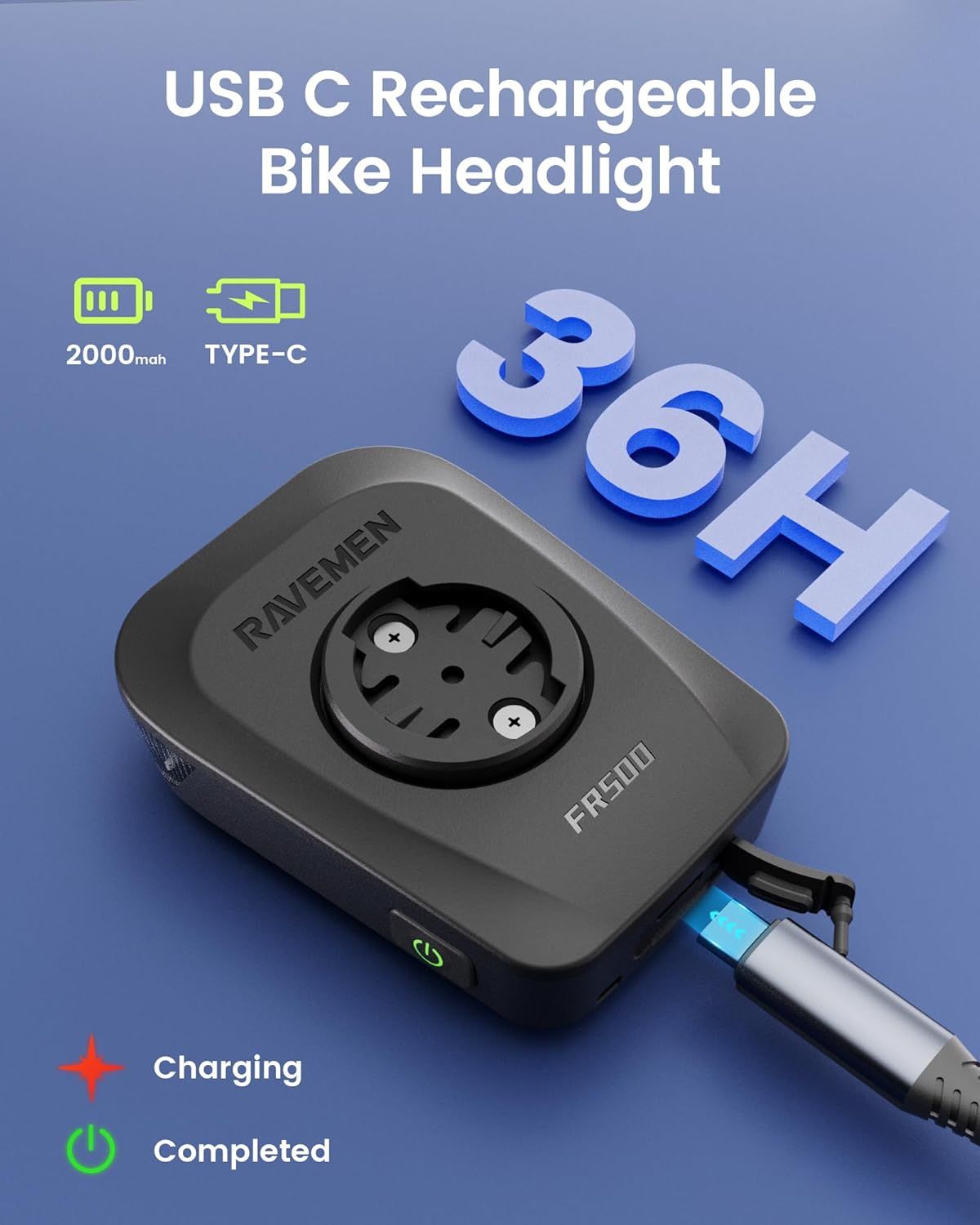 RAVEMEN FR500 Bike Front Light for Night Daytime Riding, Compatible with Garmin/Wahoo Computers
