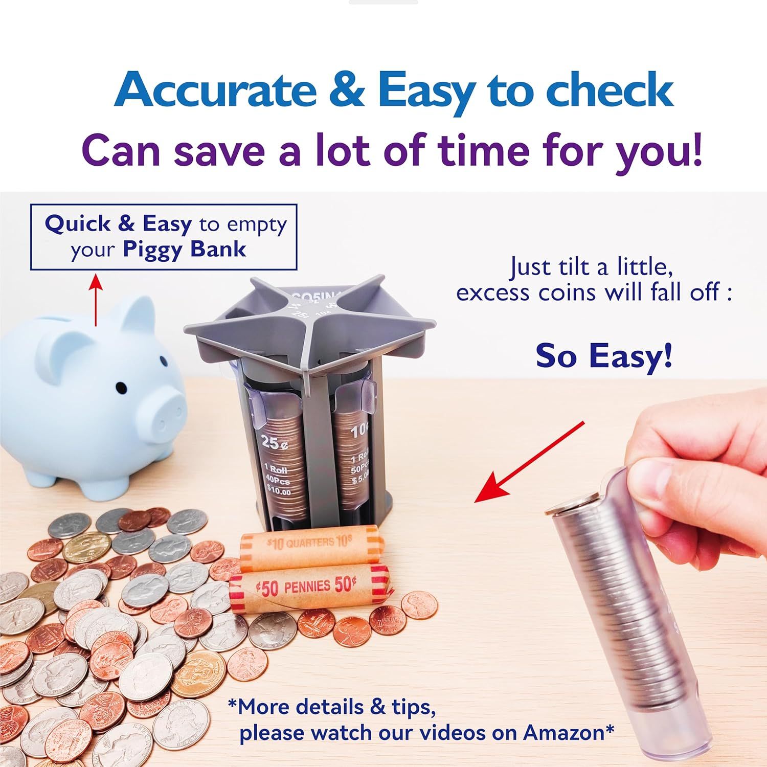 Coin Sorter Tube Coin Counter with Coin Wrappers, 5-in-1