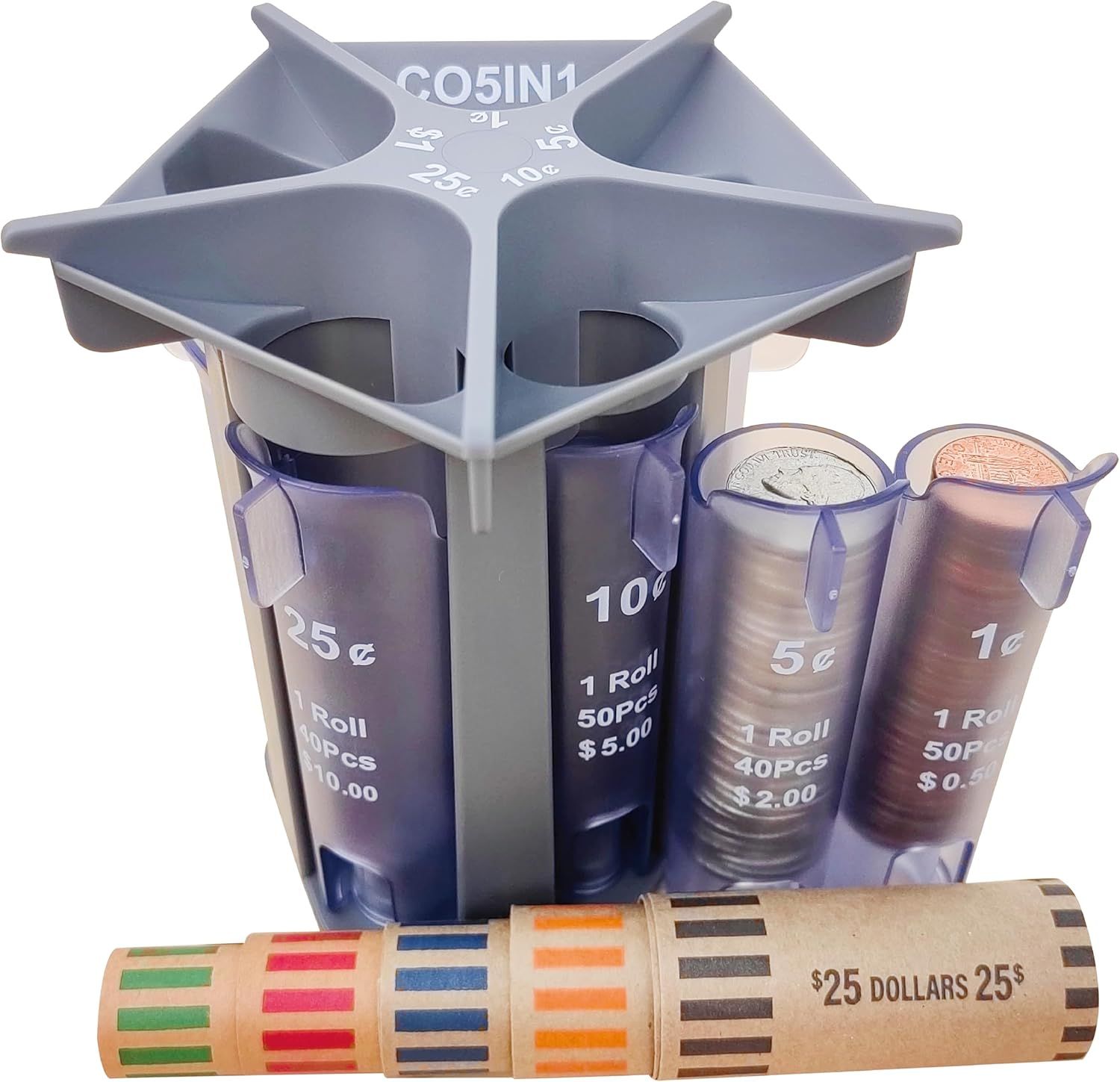 Coin Sorter Tube Coin Counter with Coin Wrappers, 5-in-1