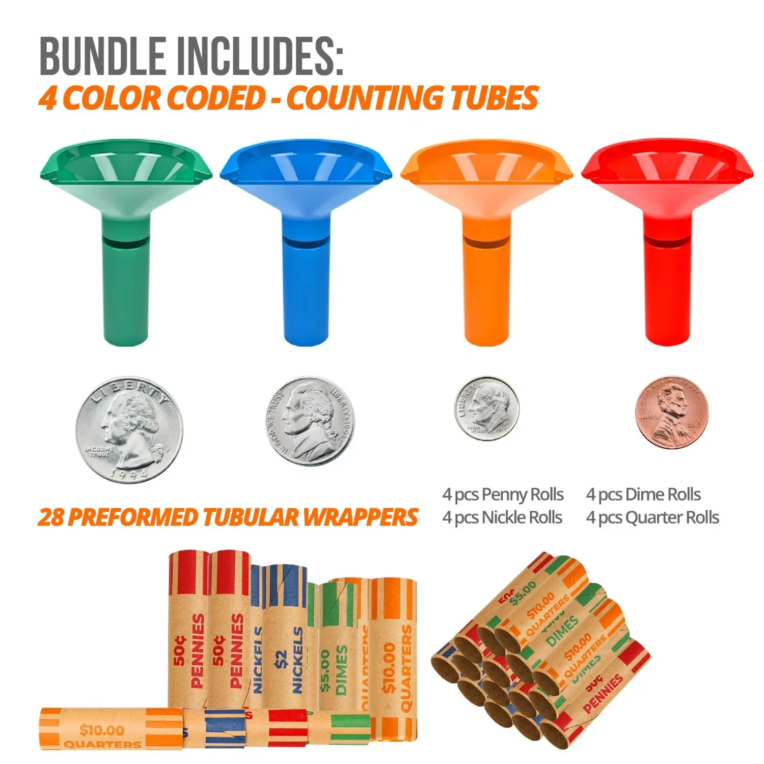 Coin Counters &amp; Coin Sorters Tubes Bundle of 4 Coin Tubes and 28 Coin Wrappers