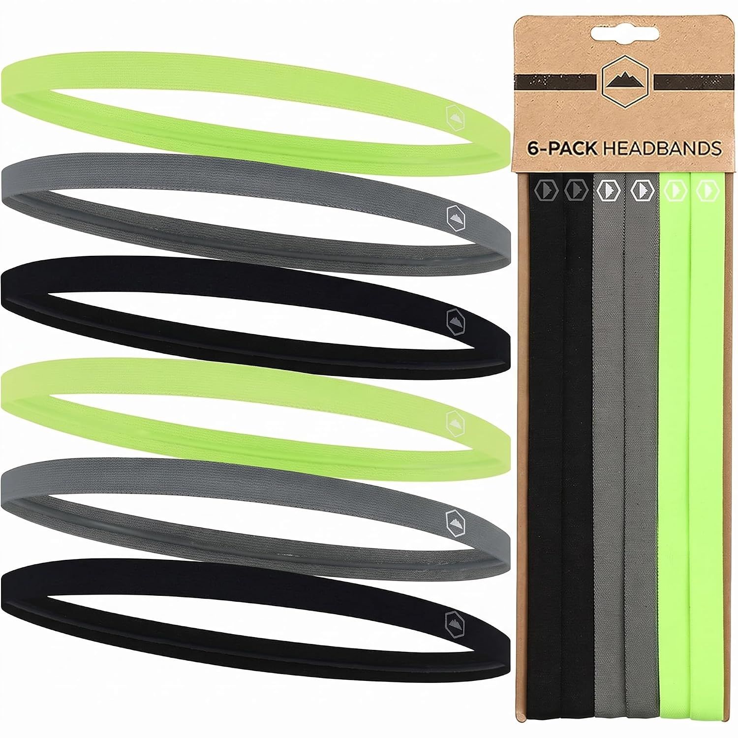 Tough Headwear Thin Elastic Headbands - Sports Hair Head Band for Women &amp; Men - 6-Pack Green/Grey/Black