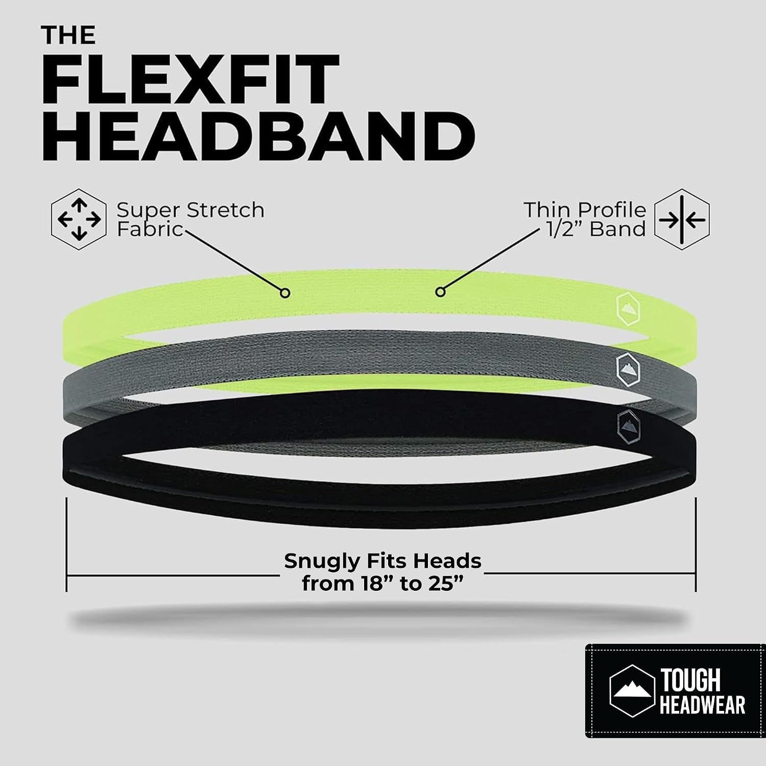 Tough Headwear Thin Elastic Headbands - Sports Hair Head Band for Women &amp; Men - 6-Pack Green/Grey/Black