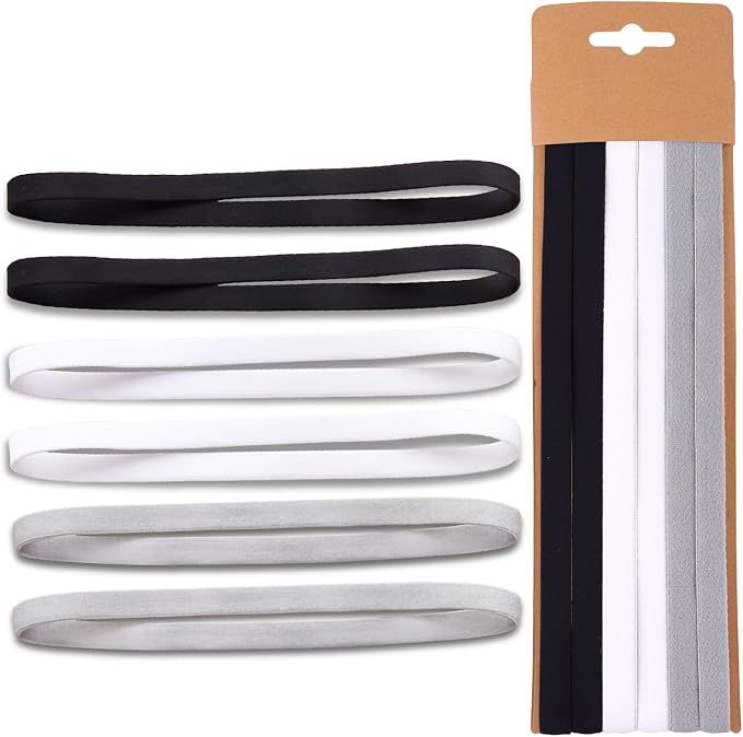 6 Pcs Sports Headband, Unisex Headband Polyester Fiber Non-Slip Black, White Gray