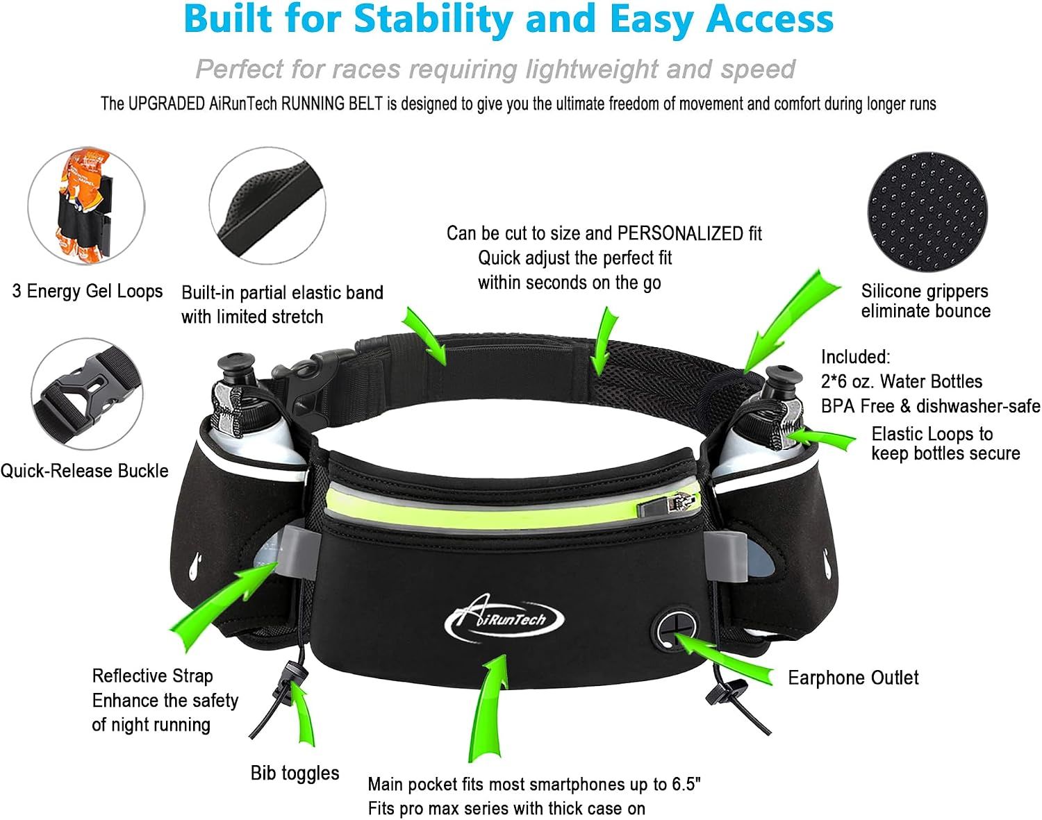 AiRunTech Hydration Running Belt with Water Bottle 6oz