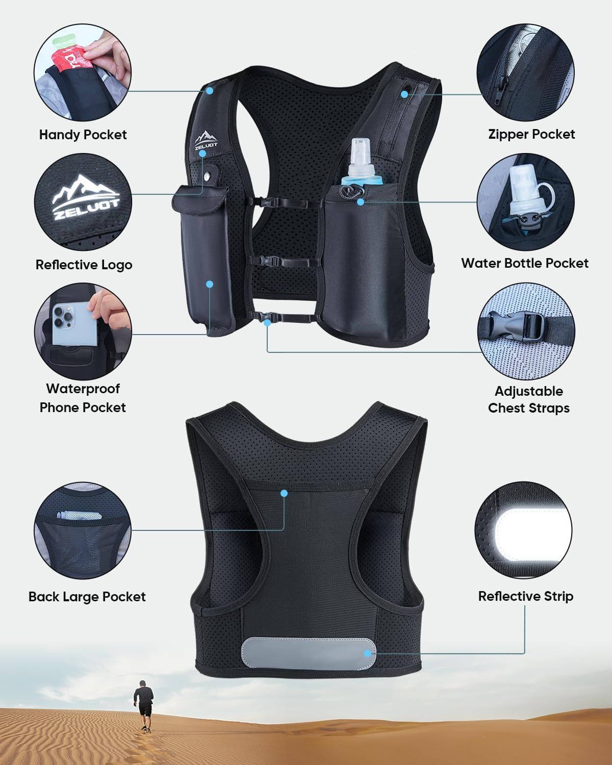 Running Vest Unisex M/L , Touchscreen Phone Pocket | 500ml Soft Flask, Hydration