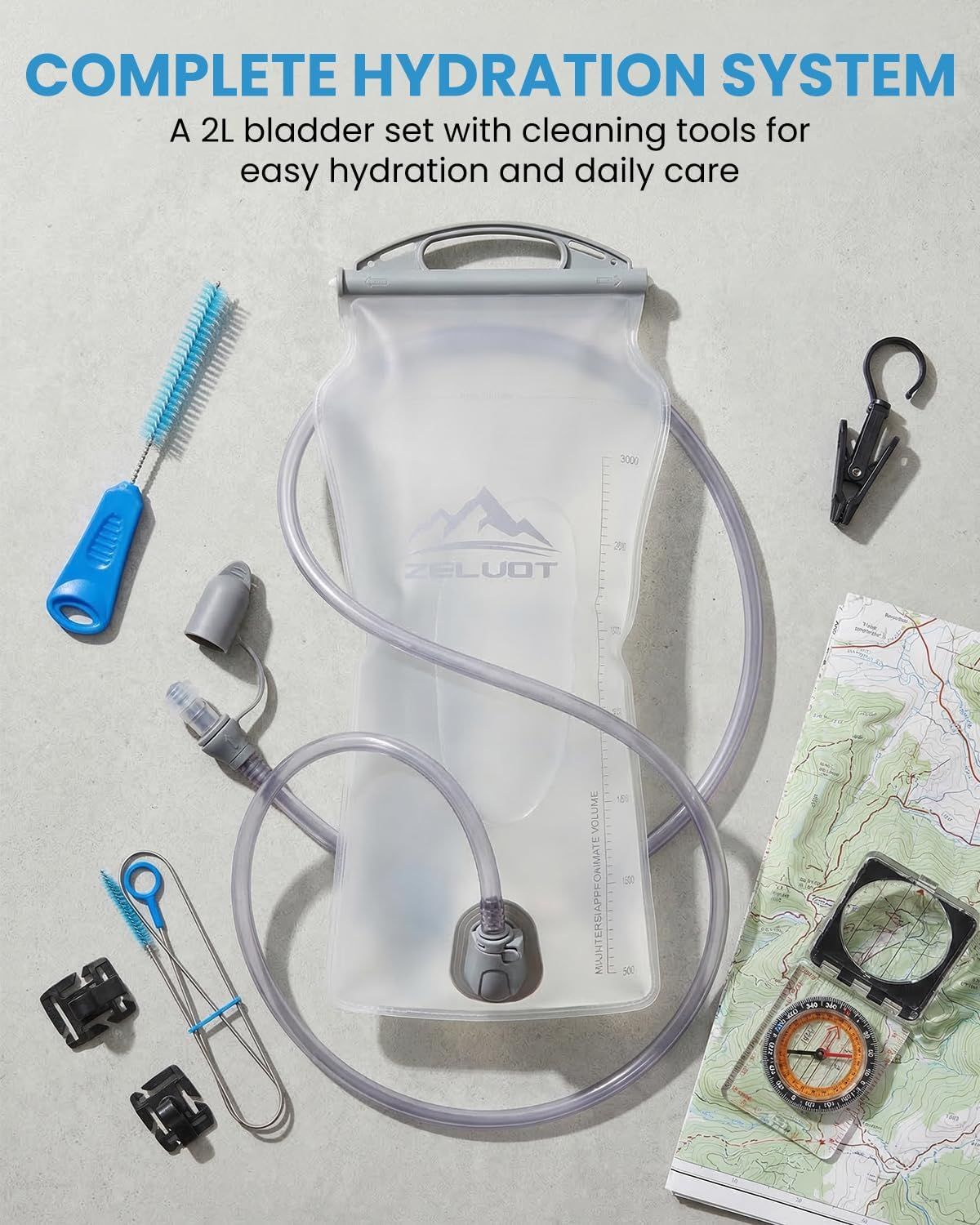 2L Hydration Bladder Kit, 6 in1 Water Bladder with Cleaning Kit