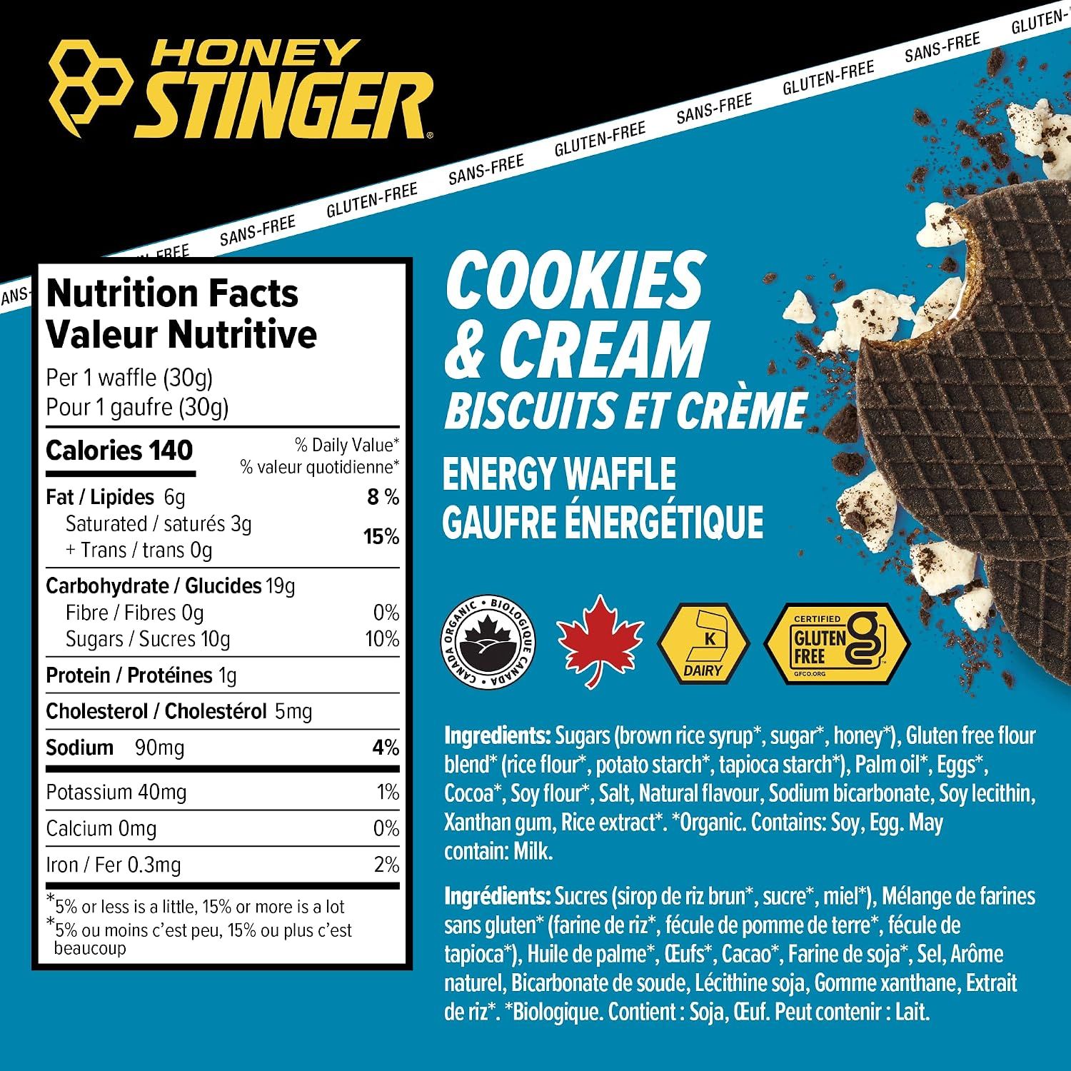 Honey Stinger Organic Gluten Free Cookies &amp; Cream Waffle  12.72 Ounce