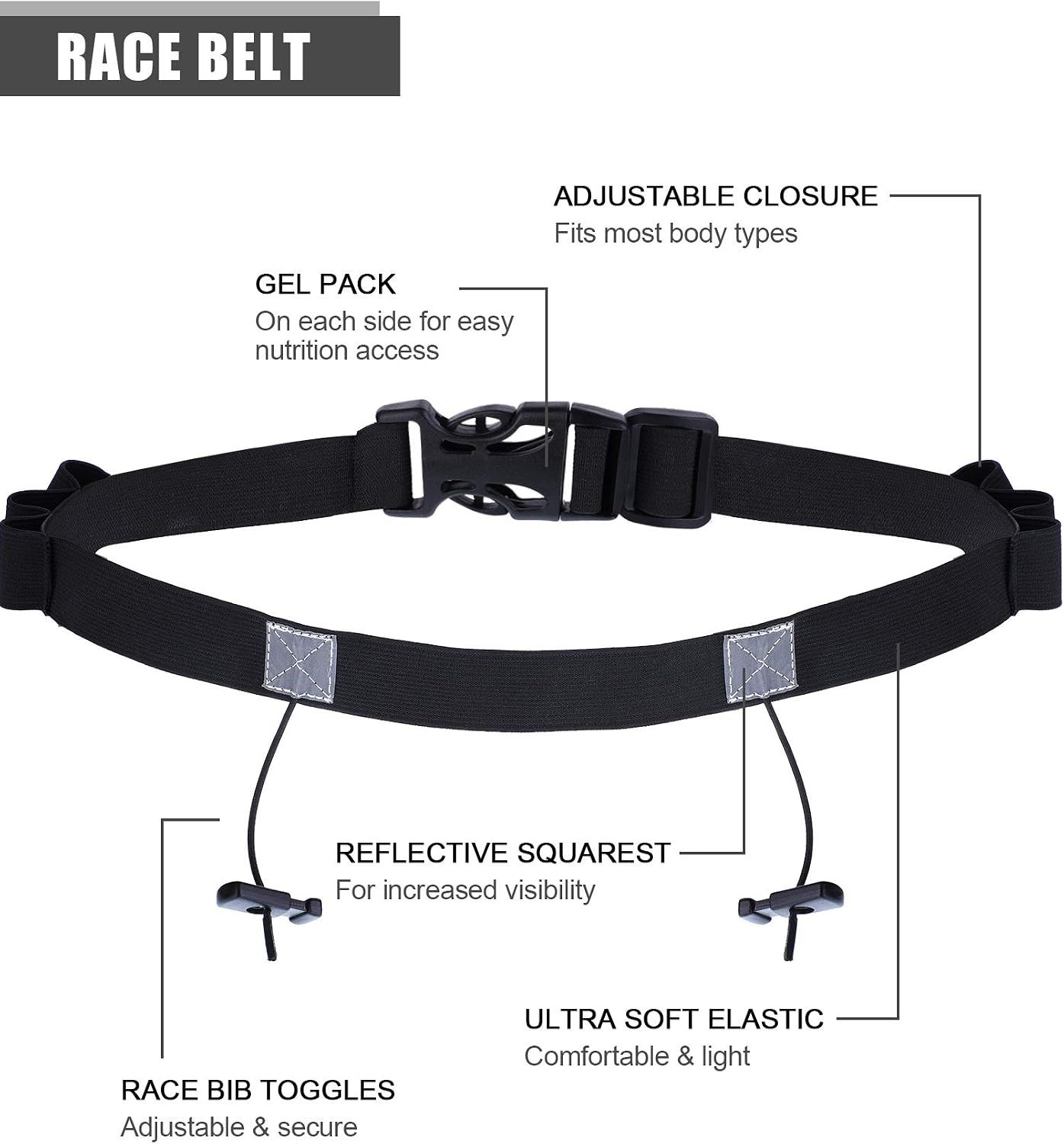 Race Number Belt with 6 Gel Loops, Black | Elastic Adjustable