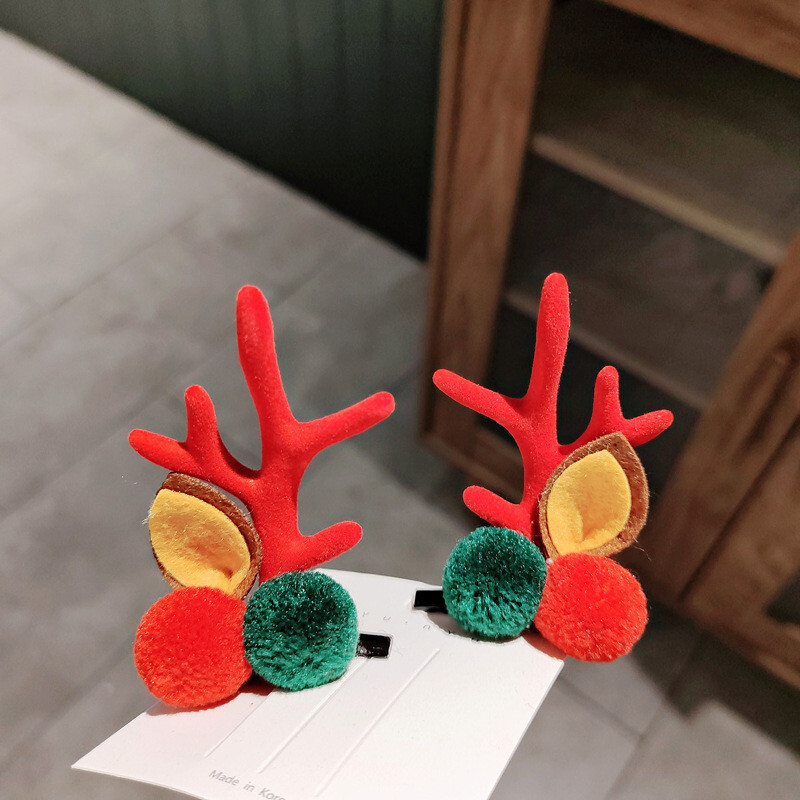 2PCS Christmas Antlers And Red&amp;Green Pom Pom Hair Clips