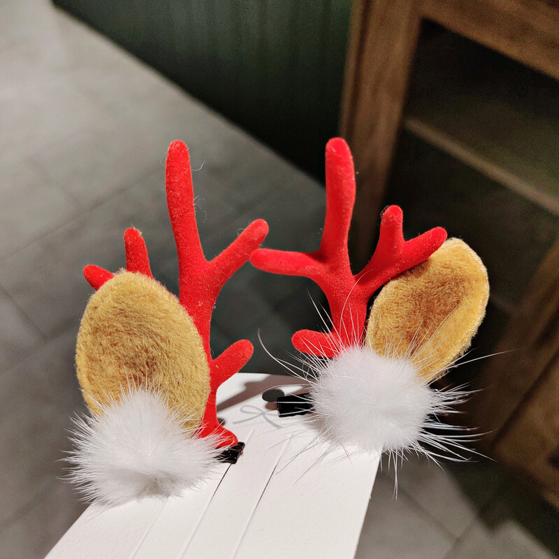 2 PCS Christmas Antlers &amp; POM POM Hair Clips