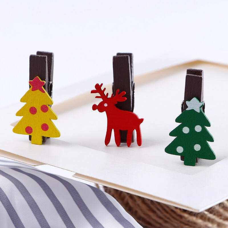 12Pcs/set Red Christmas Element Wooden Photo Paper(craft) Peg Craft Clips With Rope