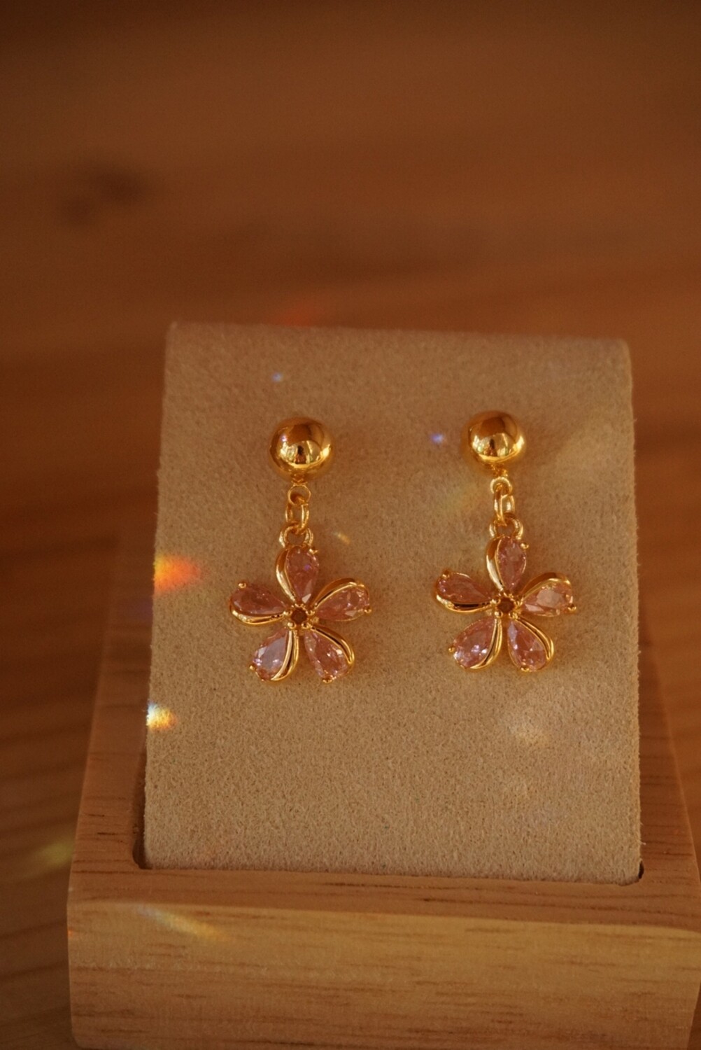 Gold plated earrings with cubic zirconia PINK FLOWERS