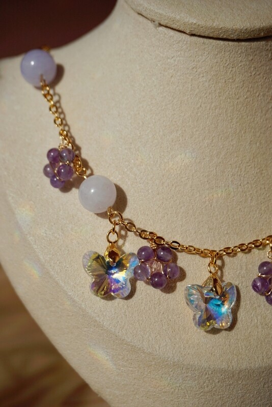 Aquamarine + Amethyst necklace with crystal butterflies GIGI