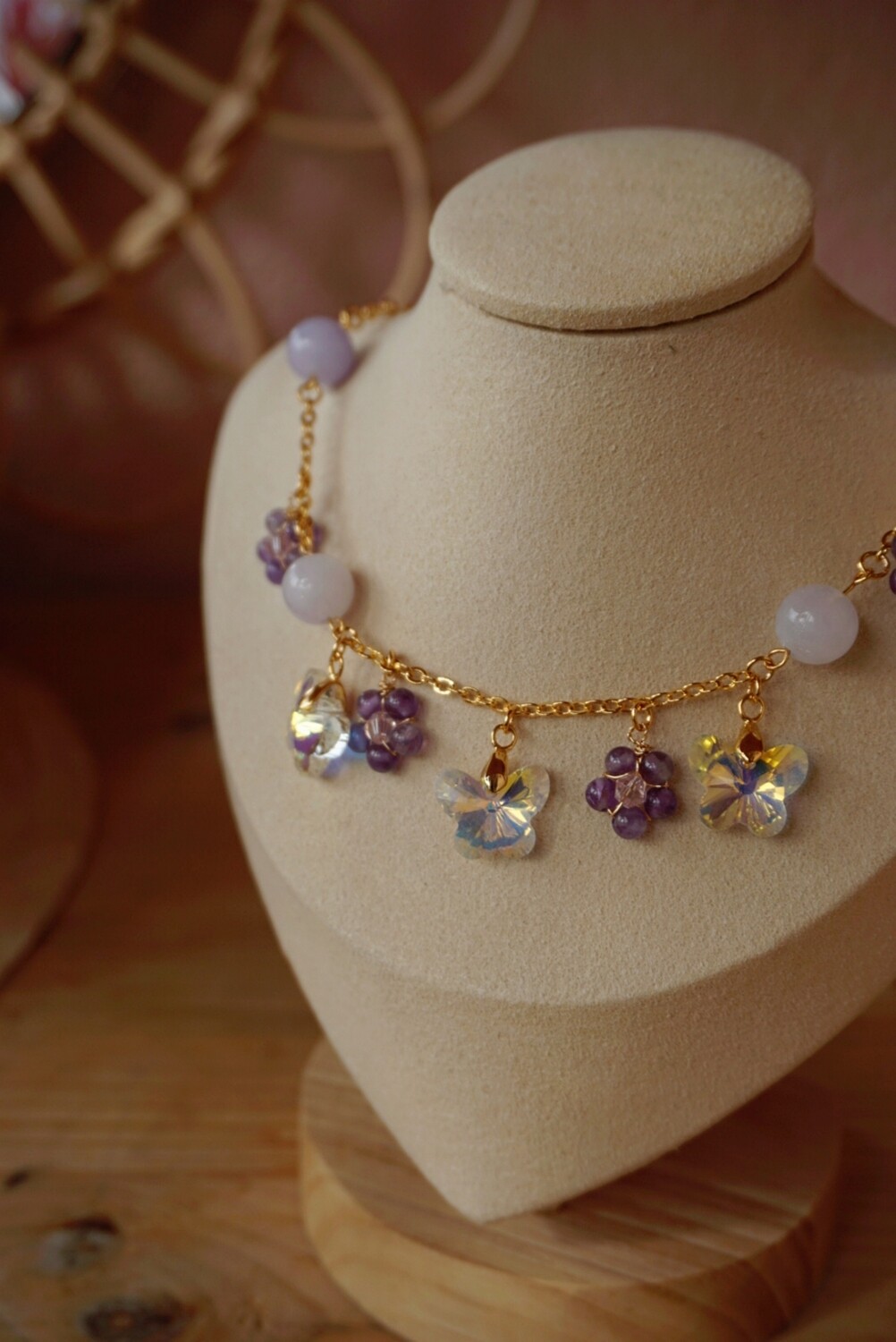 Aquamarine + Amethyst necklace with crystal butterflies GIGI