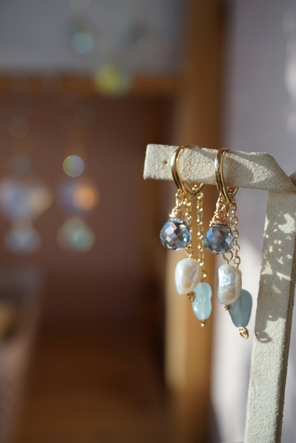 Pearl + aquamarine crystal earrings ONA