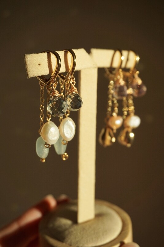 Pearl + aquamarine crystal earrings ONA