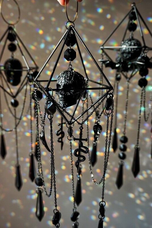 Obsidian skull crystal spooky decor MORTICIA
