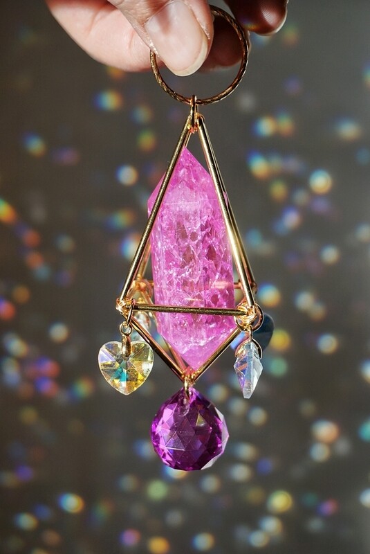 Pink crackle quartz crystal suncatcher car charm LAURA