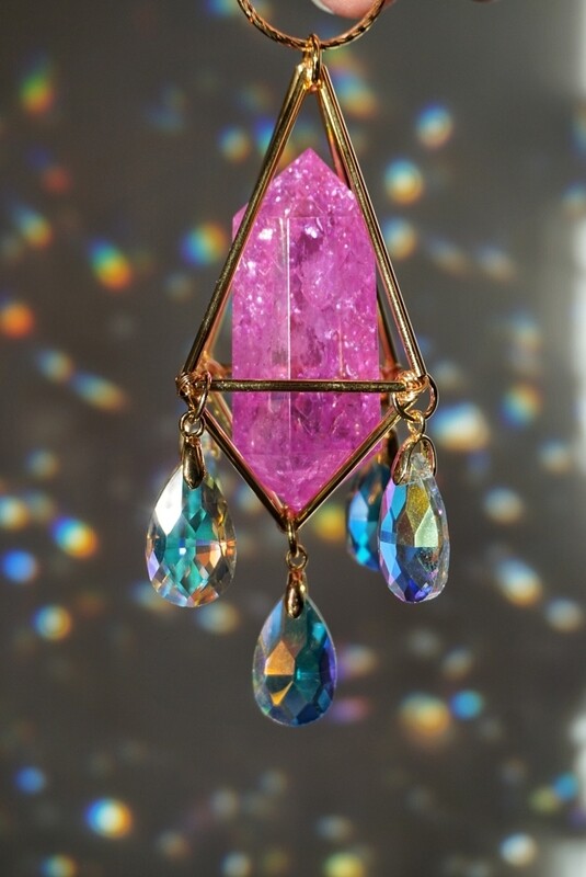 Pink crackle quartz crystal suncatcher car charm CALLA