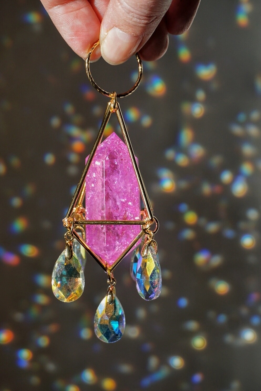Pink crackle quartz crystal suncatcher car charm CALLA
