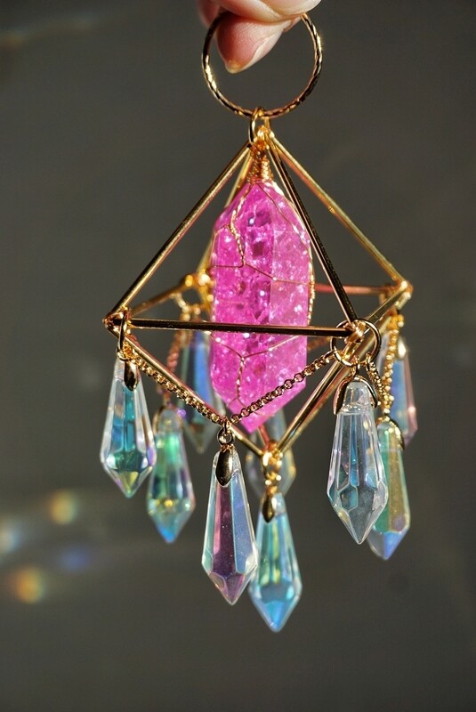 Pink crackle quartz crystal mini suncatcher PAMELA