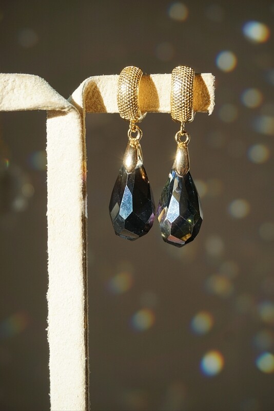 Black teardrop crystal gold plated hoop earrings IRENA