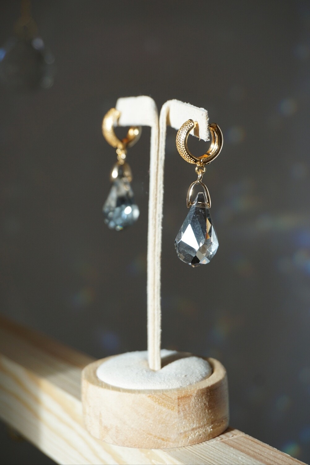 Grey teardrop crystal gold plated hoop earrings ANITA