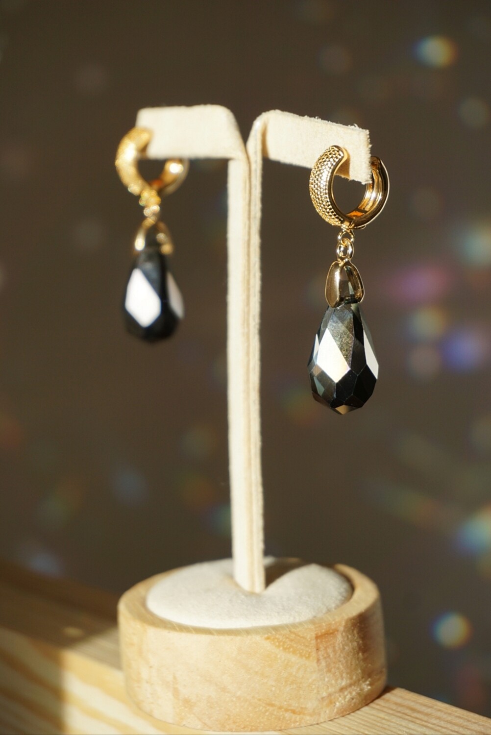 Black teardrop crystal gold plated hoop earrings IRENA