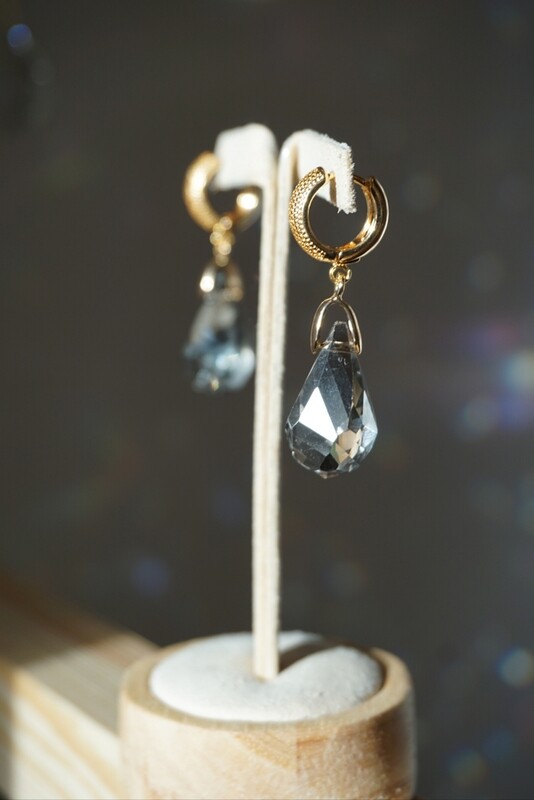 Grey teardrop crystal gold plated hoop earrings ANITA