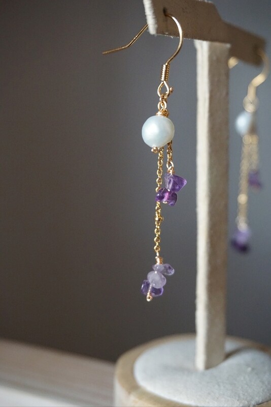 Pearl earrings with amethyst accents LILY
