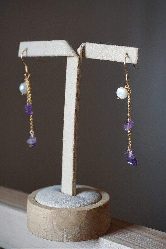 Pearl earrings with amethyst accents LILY