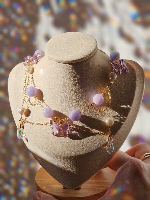 Purple jade and pearl choker necklace with purple butterflies SELENA