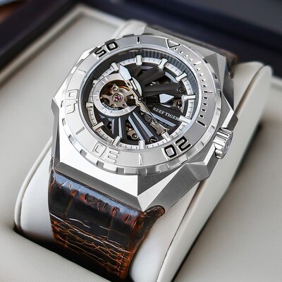 Reef Tiger RT Sports Watches Skeleton Steel Automatic timepiece